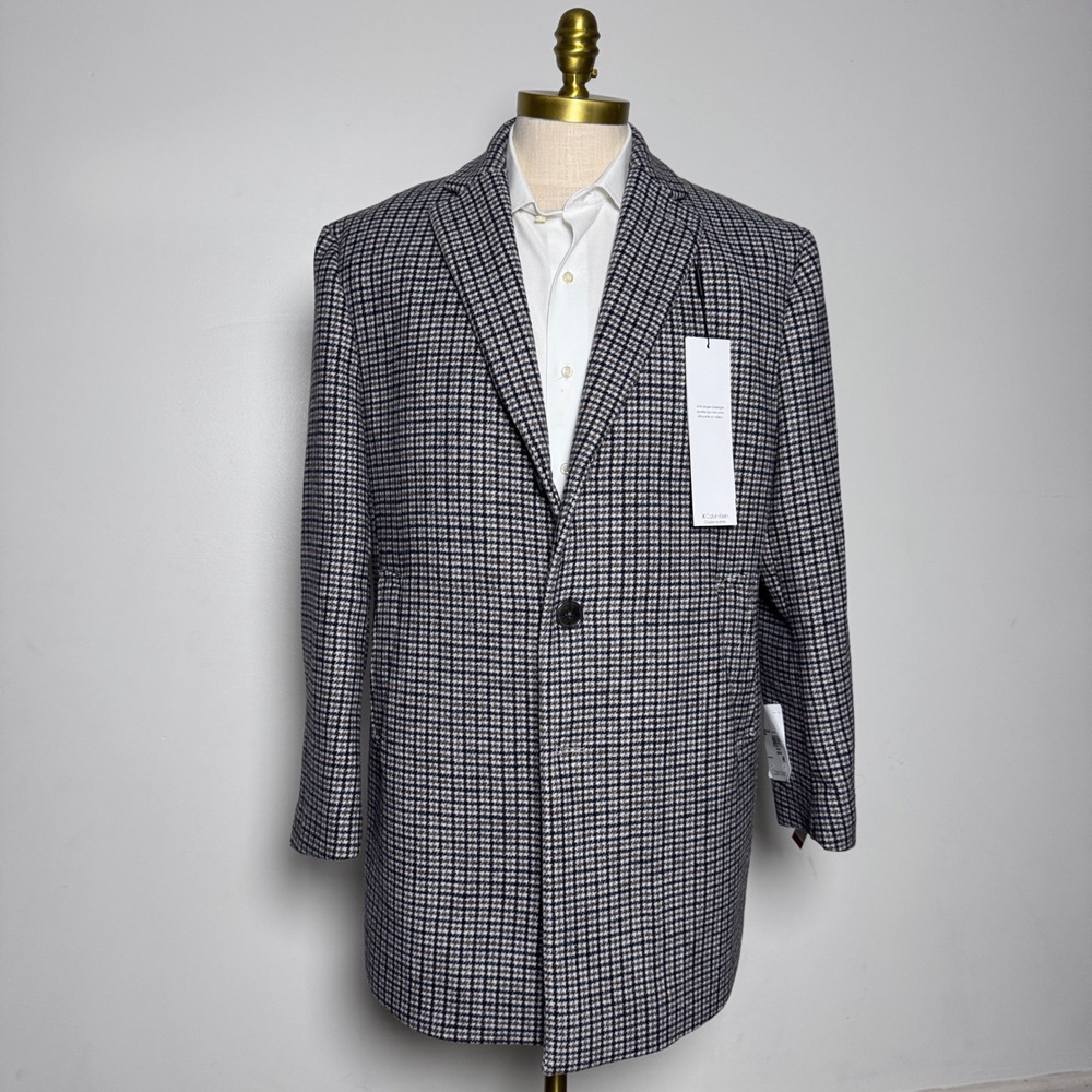 Calvin Klein Overcoat Mens 44S Black‎ Brown Houndstooth Slim Fit Prosper Coat